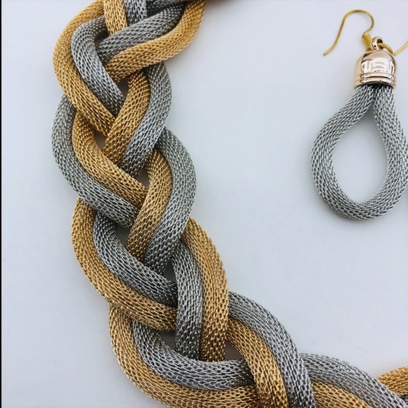 Braided Mesh Silver/Gold Necklace and Earring Set - Picture 3 of 5